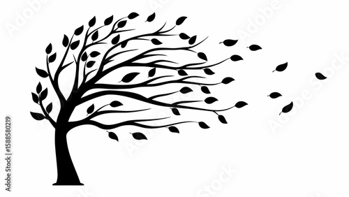 Silhouette of a tree with leaves blowing away in the wind on a white background vector illustration