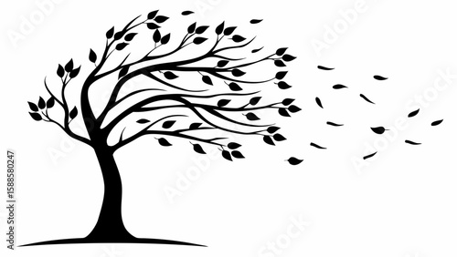 Silhouette of a windswept tree with leaves blowing away in a strong gust of wind on a white background