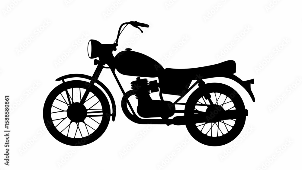 Silhouette of a classic motorcycle with round headlight and spoked wheels on a white background view from side Silhouette of a classic motorcycle with round headlight and spoked wheels on a white background view from side