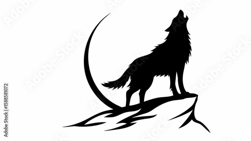 Silhouette of a howling wolf standing on a cliff with a crescent moon in the background at night time