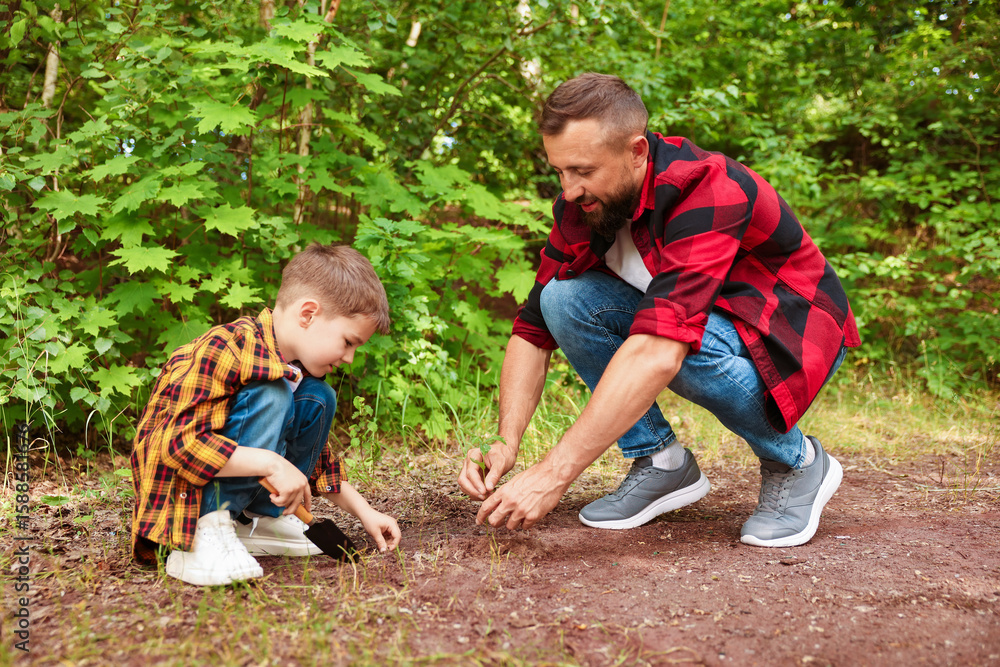 Fototapeta premium Father and his son planting tree into soil outdoors