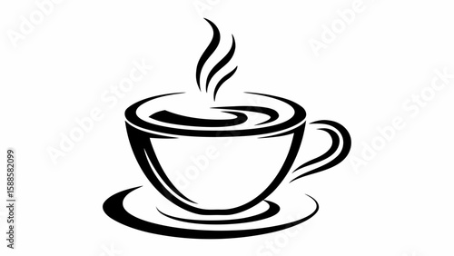 Illustration of a steaming coffee cup with a saucer in black and white simple design style art