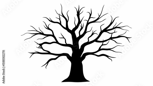 Silhouette of a bare tree with many branches against a white background in a simple graphic style