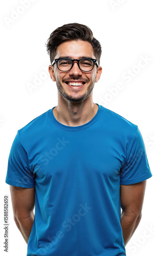 Trendy Young Male Man with glasses and casual blue T-shirt, friendly expression, modern style, centered against clean white background.