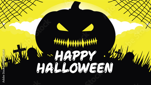 Silhouette pumpkin with scary face and happy halloween text in graveyard with yellow background
