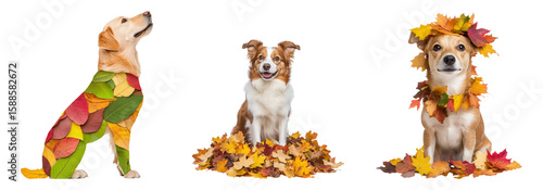 Dogs with Autumn Leaves on Isolated Transparent Background