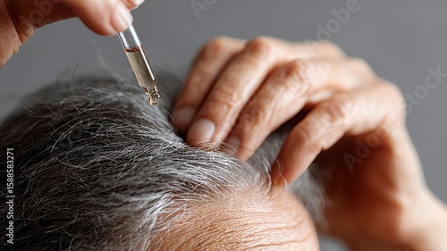 A hand applying a topical solution or serum to a scalp with thinning hair