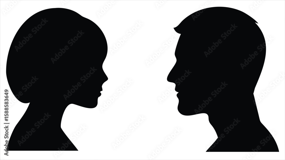 A man and a woman facing each other in a minimalist black and white profile silhouette representing connection and communication A man and a woman facing each other in a minimalist black and white profile silhouette representing connection and communication