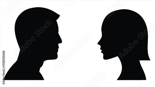 A man and woman facing each other in profile silhouette, representing connection, communication, and relationships with a clean, minimalist design