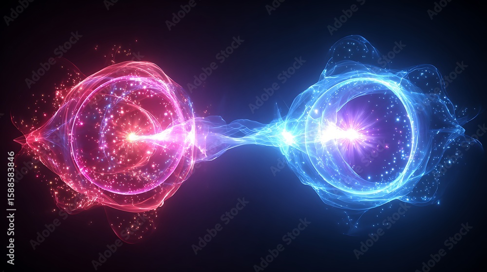 Fototapeta premium Red and blue energy rings glowing on dark black background with futuristic light effect and abstract circular shape design.