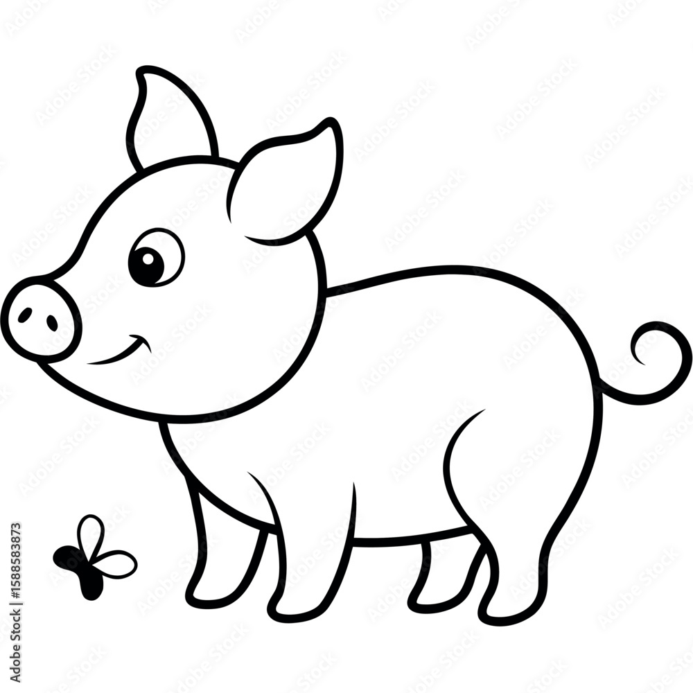 Fototapeta premium Charming piglet watching butterfly land gently Line Art Vector illustration