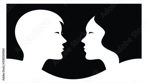 Two white silhouette profiles of human heads are presented against a dark black background, facing each other in a moment of quiet connection or shared understanding, symbolizing human relationships