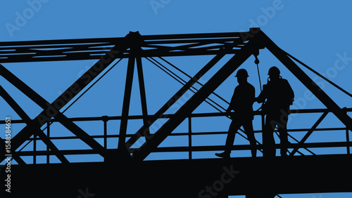 Two construction workers in hard hats stand on a metal bridge structure against a bright blue sky captured in a stark black silhouette