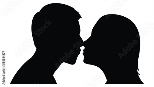 An intimate moment of a couple sharing a tender kiss with noses touching in a stark black and white silhouette against a clean white background