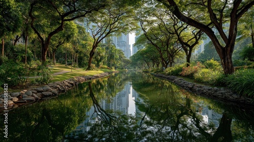 Serene urban oasis: City skyline reflected in tranquil park waterway