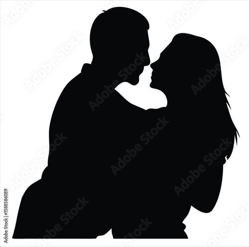 A romantic couple embracing closely in a tender moment, their faces almost touching, captured in a stark black silhouette against a clean white background, symbolizing love and connection