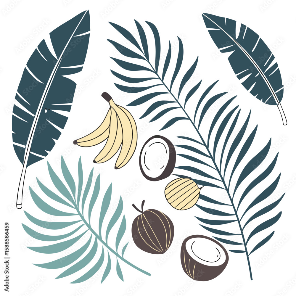 Obraz premium Tropical fruits and palm leaves vector illustration on white