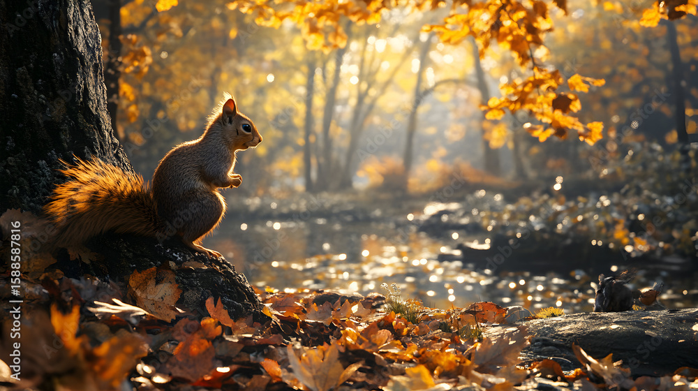 Squirrel autumn landscape wildlife nature scene featuring a cute squirrel near a tree in a park with golden foliage leaves and shimmering water creating a peaceful woodland ambiance Squirrel autumn landscape wildlife nature scene featuring a cute squirrel near a tree in a park with golden foliage leaves and shimmering water creating a peaceful woodland ambiance
