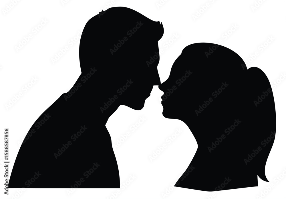 A romantic couple in a close embrace, their profiles touching in a tender moment, depicted as a stark black silhouette against a clean white background, symbolizing love and connection A romantic couple in a close embrace, their profiles touching in a tender moment, depicted as a stark black silhouette against a clean white background, symbolizing love and connection