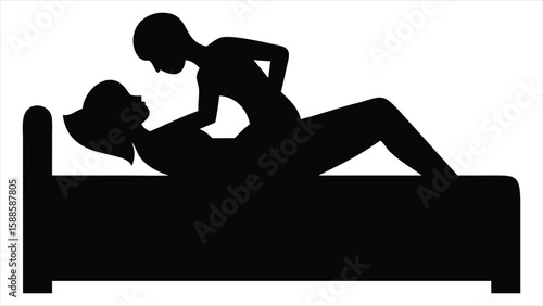 An intimate moment between two people in bed depicted as a simple black silhouette against a white background, conveying closeness and connection.