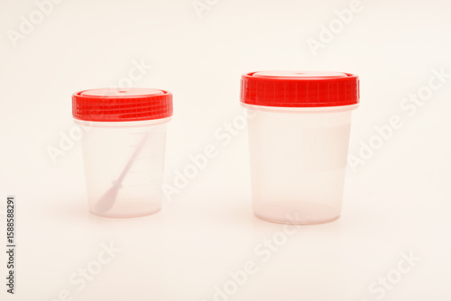 Jars for urine and fecal tests. Containers for medical tests.