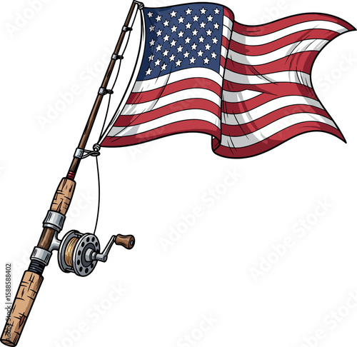 Fishing Rod with Waving American Flag - Hobby Illustration.