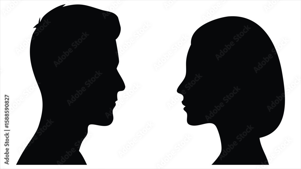 Two distinct human head profiles facing each other in a classic black and white silhouette style representing conversation and connection Two distinct human head profiles facing each other in a classic black and white silhouette style representing conversation and connection