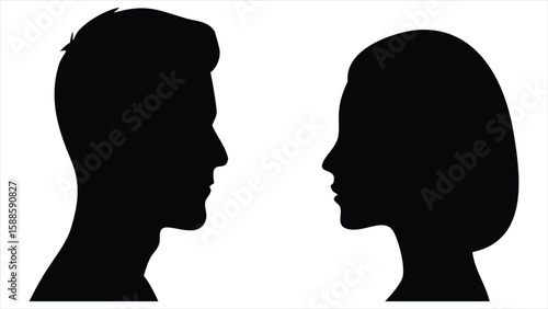 Two distinct human head profiles facing each other in a classic black and white silhouette style representing conversation and connection