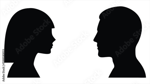 Two distinct black human head profiles facing each other in a clear silhouette style against a white background representing a conversation or connection