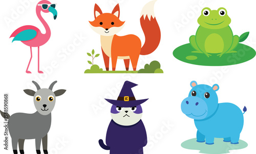 Wallpaper Mural Cartoon Animal Set with Flamingo Fox Frog Goat Cat Hippo on transparent background Torontodigital.ca