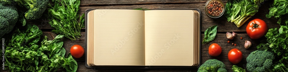 Naklejka premium Wooden Table Top with Fresh Vegetables, Recipe Book, and Culinary Notebook for Vegan Recipes