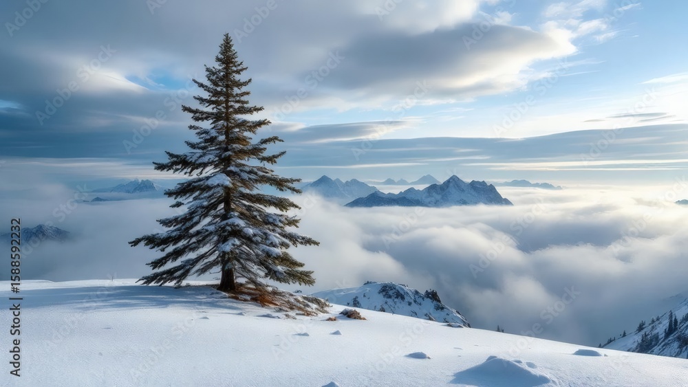Fototapeta premium Majestic Snow Covered Pine Tree Above the Clouds in Winter Mountain