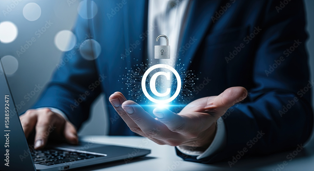 Copyright Protection Concept: Businessman Securing Intellectual Property with Digital Lock and Copyright Symbol, Emphasizing Legal Rights and Ownership Online Copyright Protection Concept: Businessman Securing Intellectual Property with Digital Lock and Copyright Symbol, Emphasizing Legal Rights and Ownership Online