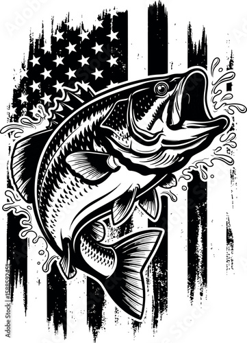 Bass Fishing with Distressed American Flag - Vector Graphic.