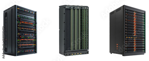 Isolated image of three server racks on a transparent background showcasing technology