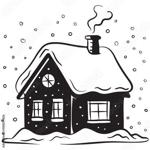 Snow-covered cabin in winter forest with falling snowflakes and smoky chimney. Hand drawn vector illustration