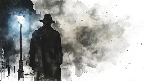 watercolor style Private detective in trench