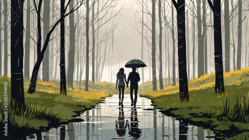 A vector image of a Couple in love walking in the woods, nature, forest, mist, on a rainy day with an umbrella in hand.
