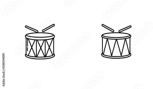 Two Simple Line Art Drums with Drumsticks on a White Background