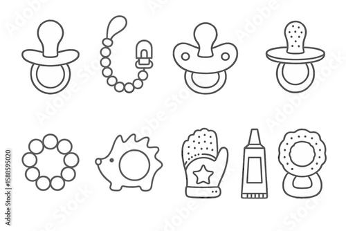 Baby essentials icon set. flat pacifier, teether, and mittens icon collection