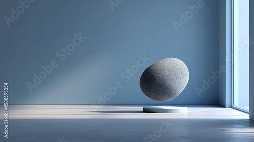 Smooth Pebble Shape Levitating Above White Floor.
