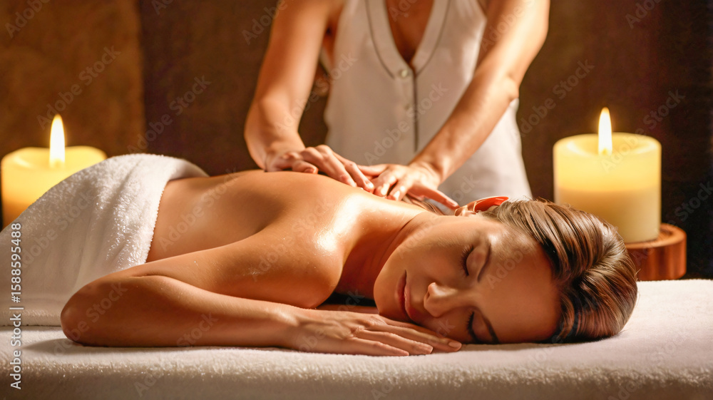Obraz premium A Pretty woman lays on her back at a spa, saloon after a oil massage therapy, ambient golden light, relaxing, wellness, beauty, skincare.