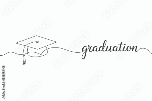 Elegant single line drawing of a graduation cap and the word graduation isolated on white background