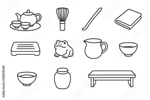 Traditional japanese tea ceremony outline icon set. culture, zen, relaxation icons