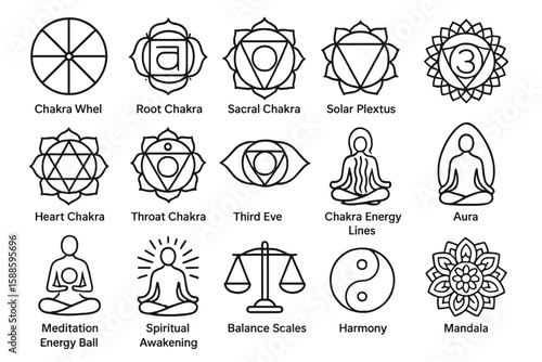 Chakra line icon set. meditation, spirituality, yoga symbols in outline style
