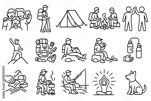 Outdoor activities line icon set. camping, hiking, fishing, yoga in outline style