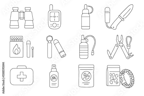 Camping equipment icon set. explore outdoor essentials in outline style