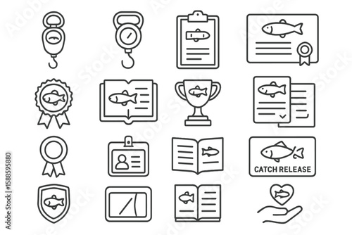 Fishing, angling line icon set. trophies, equipment icons line collection