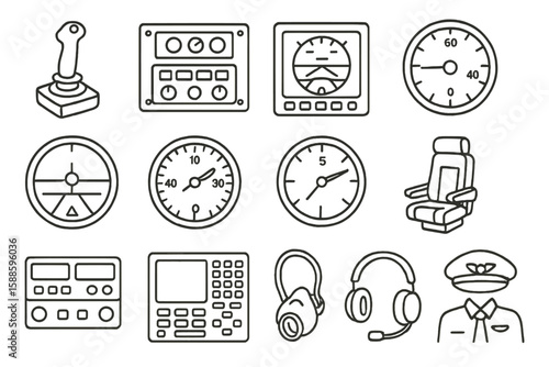Aviation cockpit linear icon set. instruments, controls, aviation outline collection