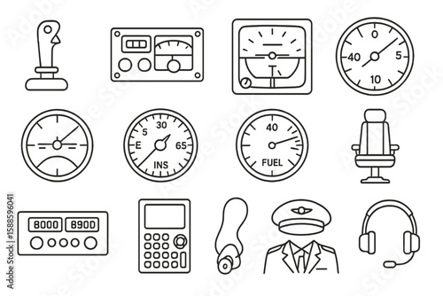 Aviation, airplane cockpit line icon set. pilot, instrument controls linear symbols